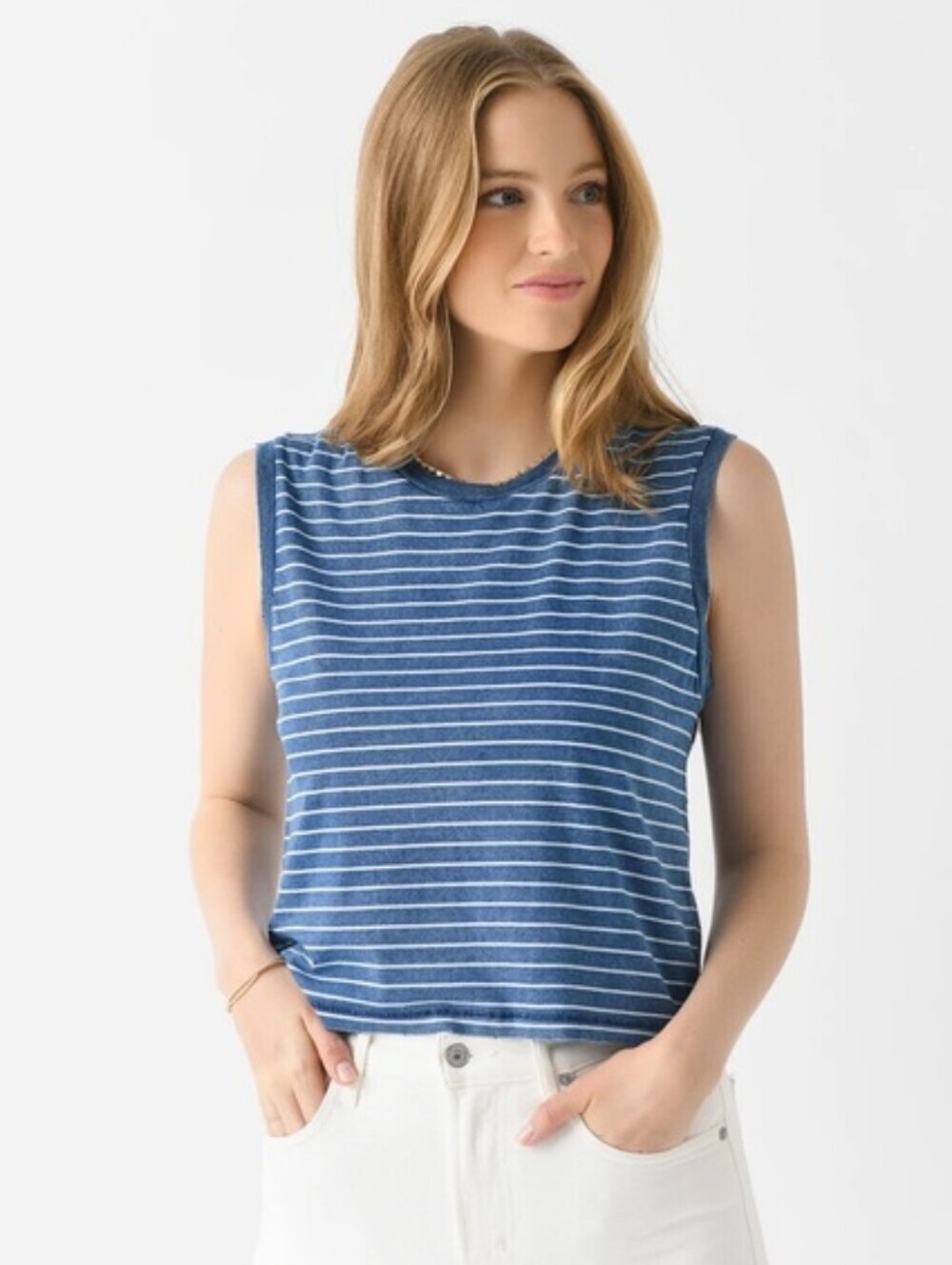 AMO Babe Sleeveless Tee Shirt 100% Cotton Striped Cropped Denim Blue White L NWT